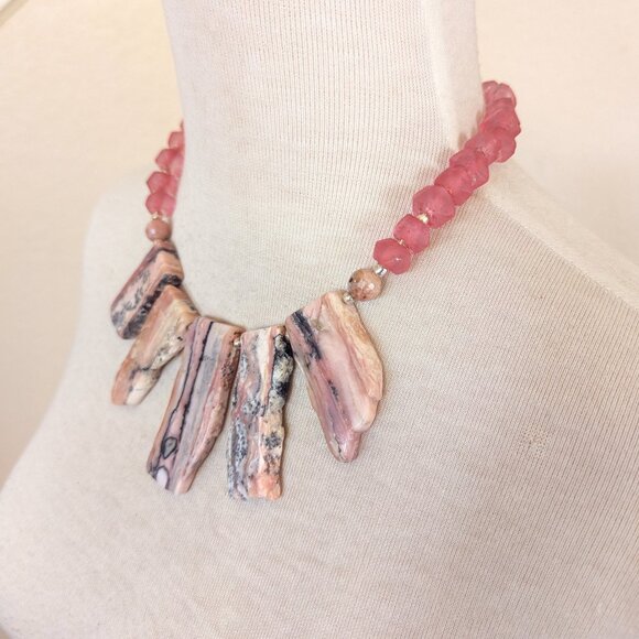 Boho Blush Pink Opal & Coral Pink Recycled Glass Chunky Bib Statement Necklace - Picture 2 of 3